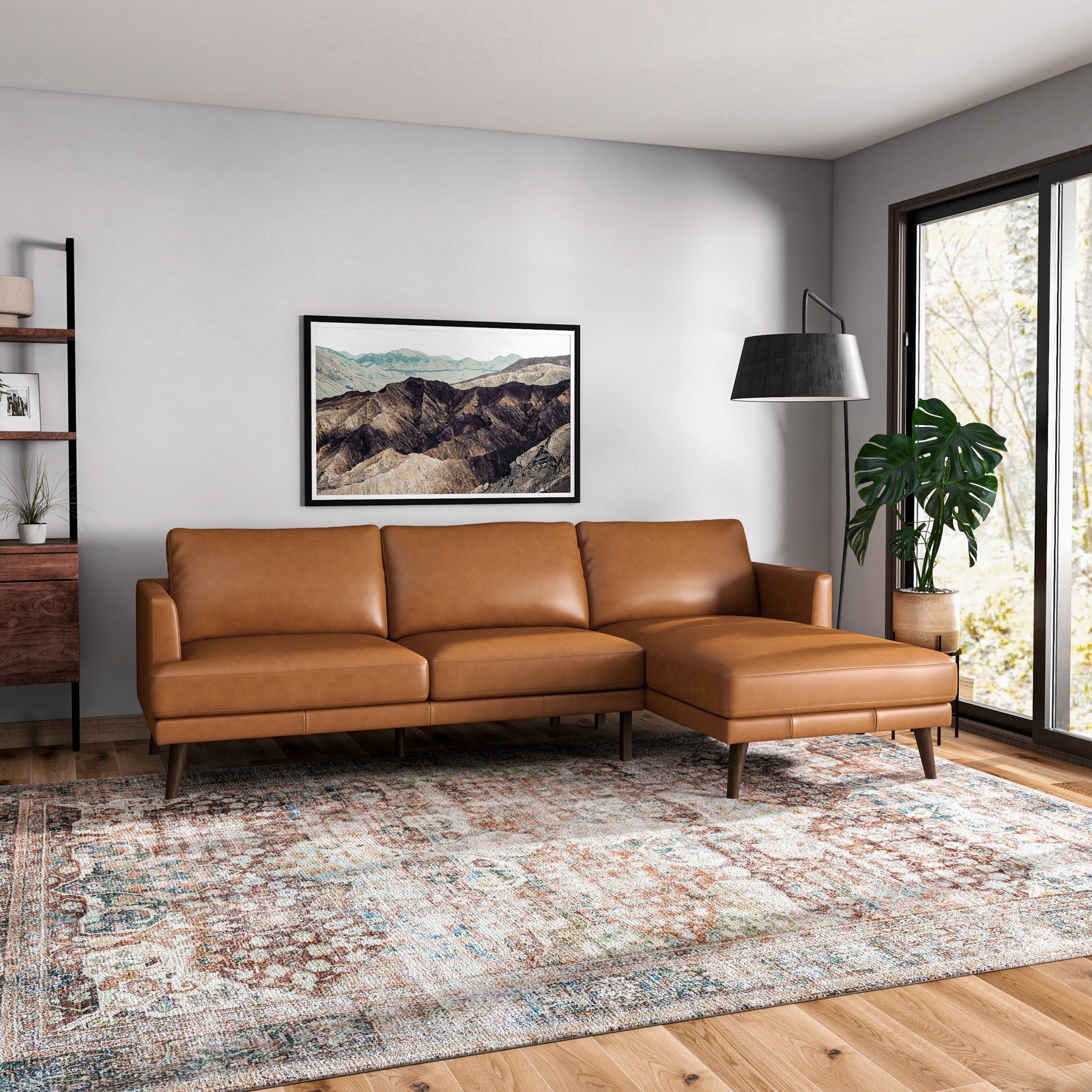 Lorena Tan Leather Sectional Sofa Right Facing Chaise - MidinMod