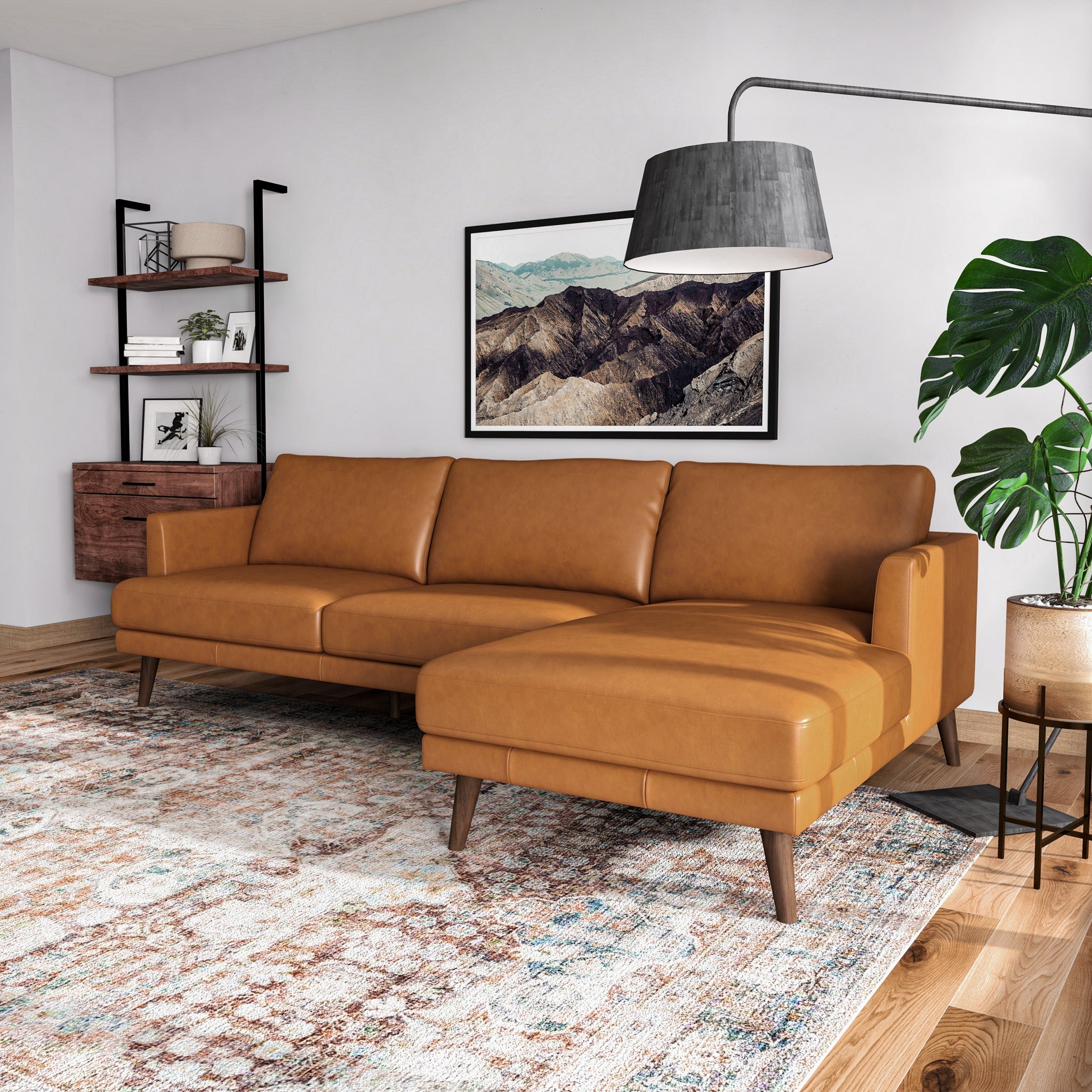 Lorena Tan Leather Sectional Sofa Right Facing Chaise - MidinMod
