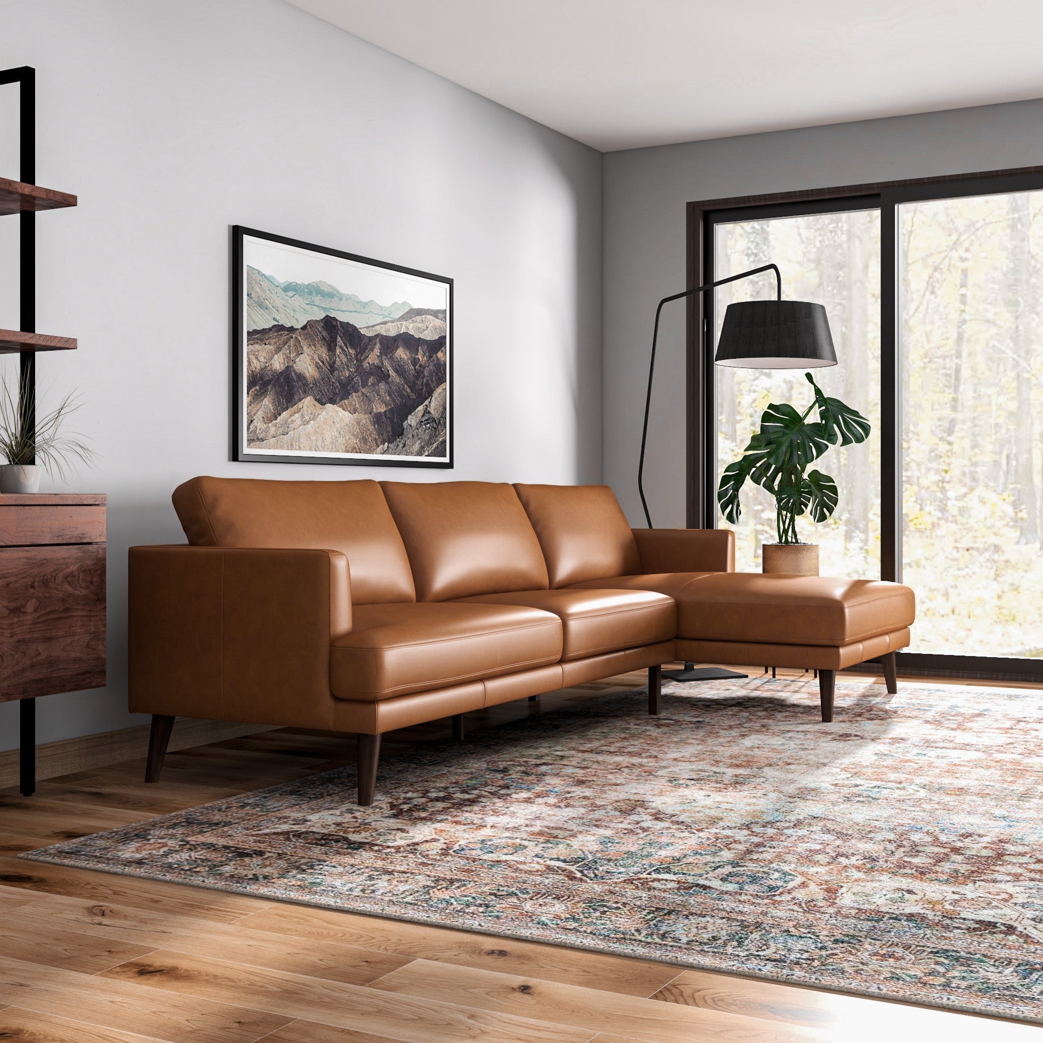 Lorena Tan Leather Sectional Sofa Right Facing Chaise - MidinMod