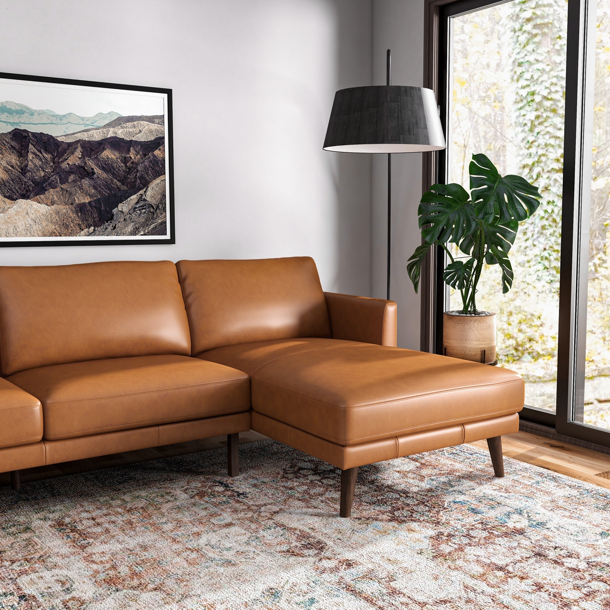 Lorena Tan Leather Sectional Sofa Right Facing Chaise - MidinMod