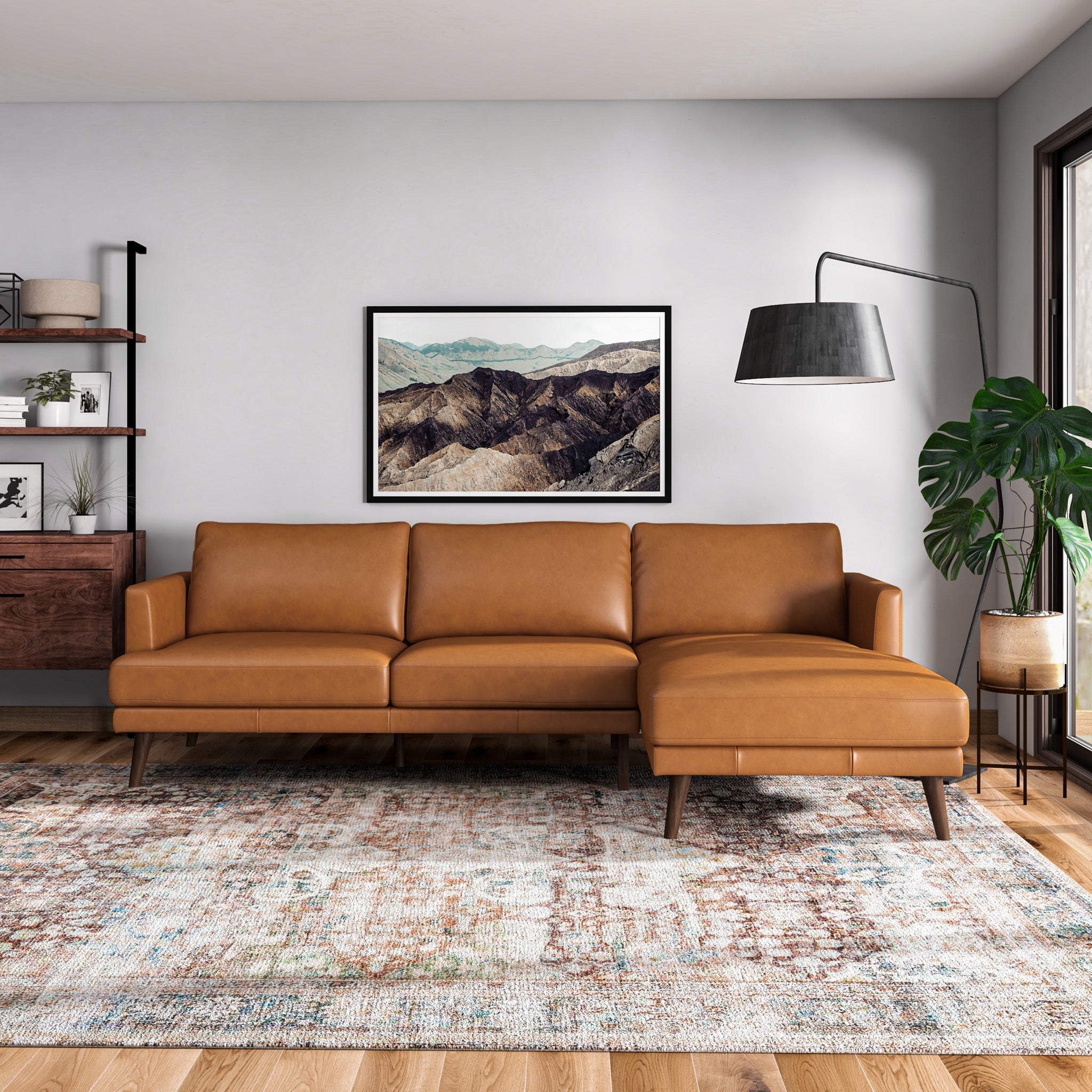 Lorena Tan Leather Sectional Sofa Right Facing Chaise - MidinMod