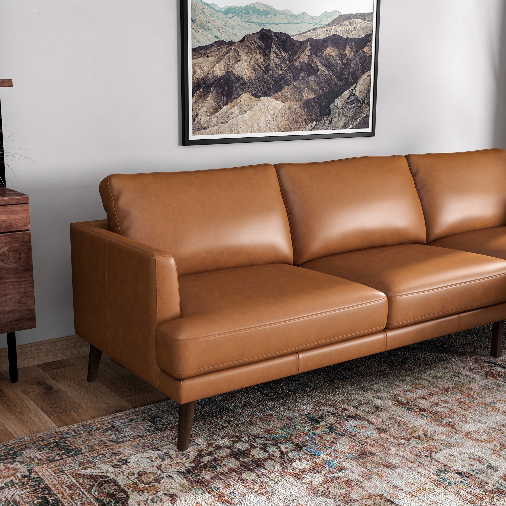 Lorena Tan Leather Sectional Sofa Right Facing Chaise - MidinMod