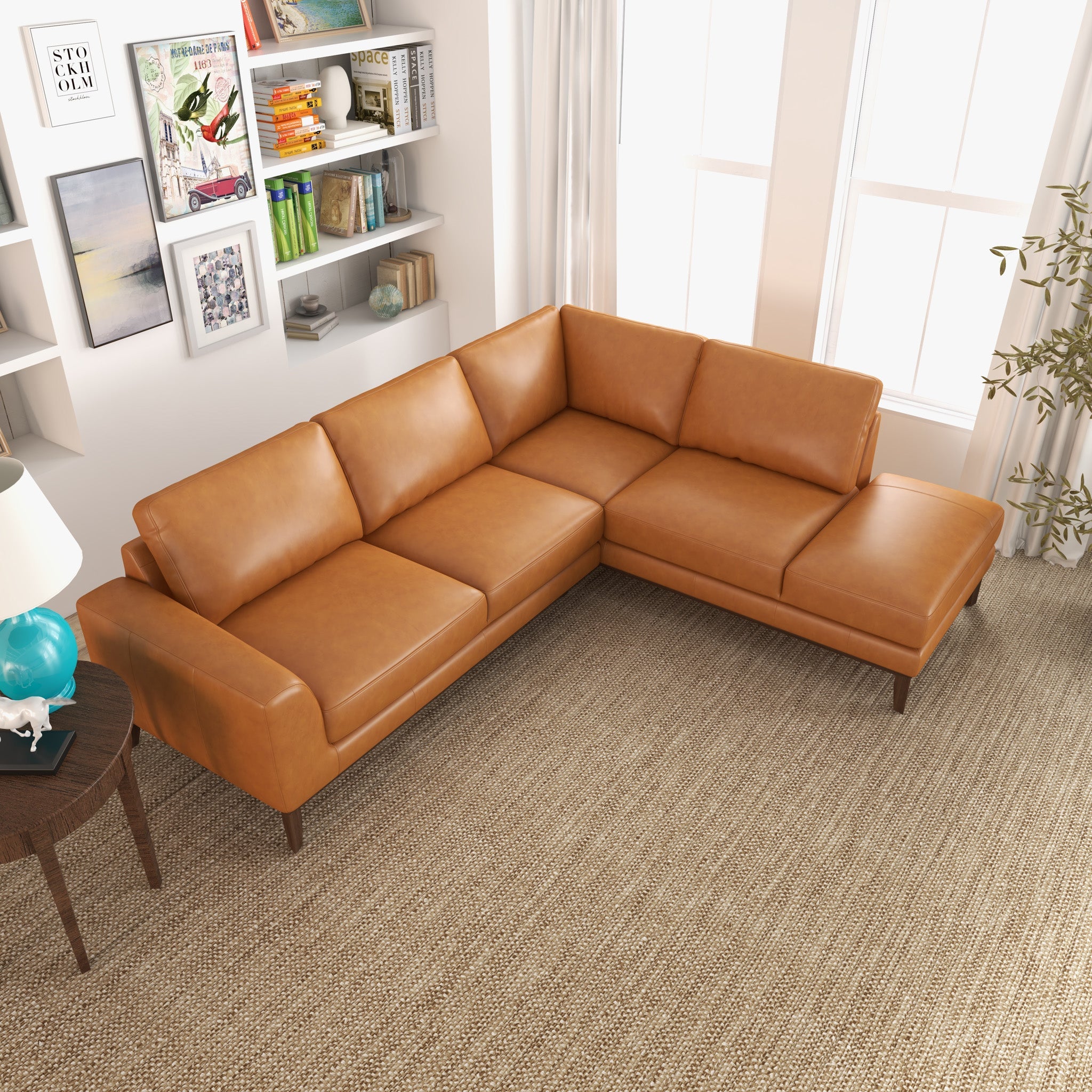 Mayfair Tan Leather Sectional Right Facing Chaise - MidinMod