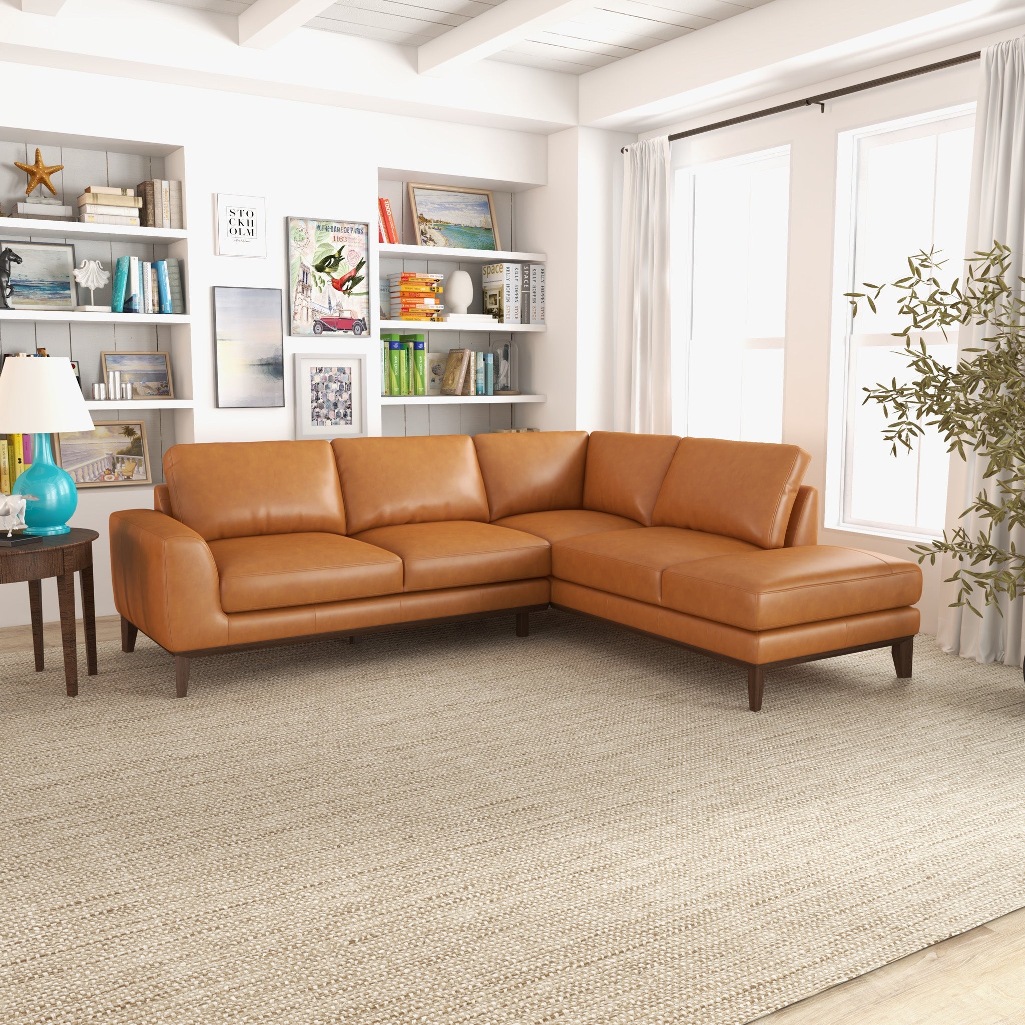 Light brown leather sectional deals with chaise