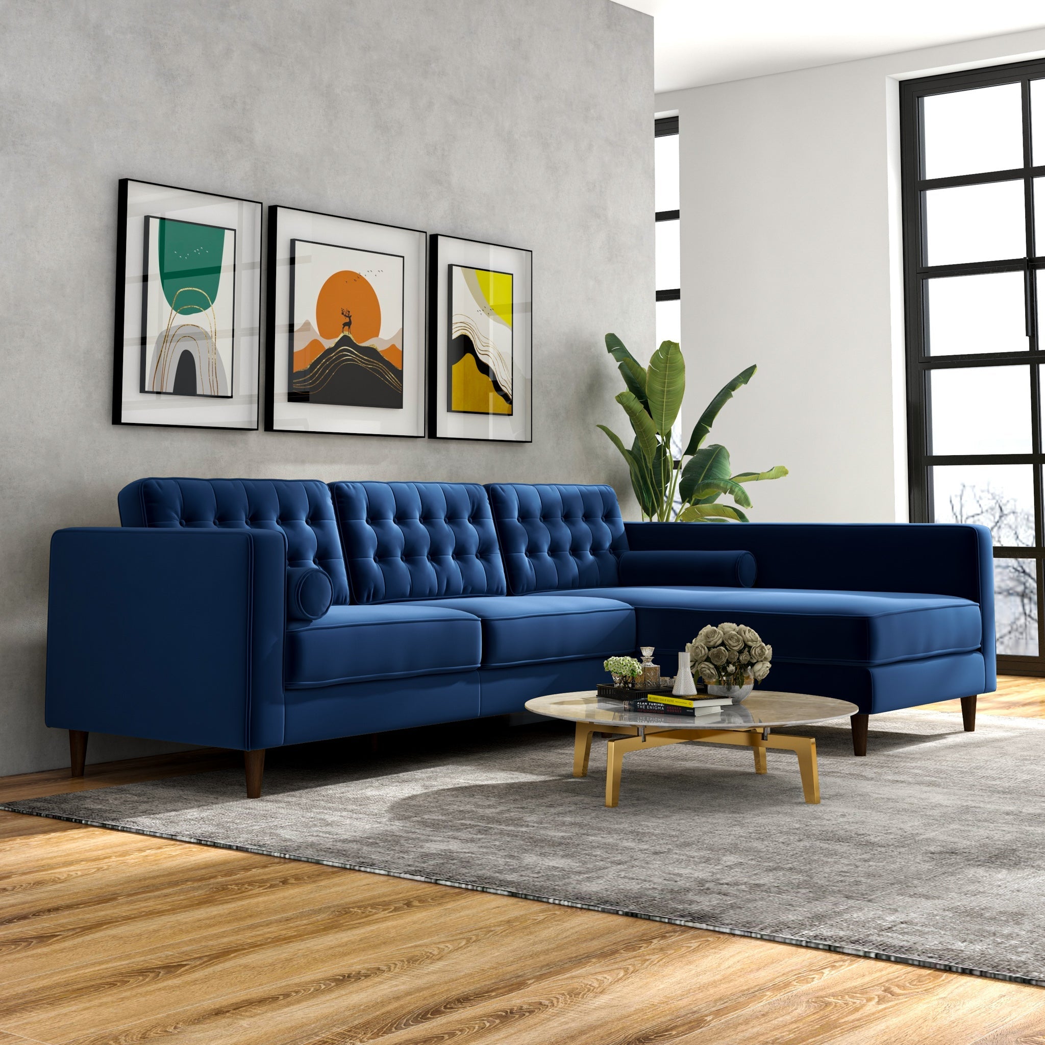 Olson Midnight Blue Velvet Sectional Sofa Right Chaise - MidinMod