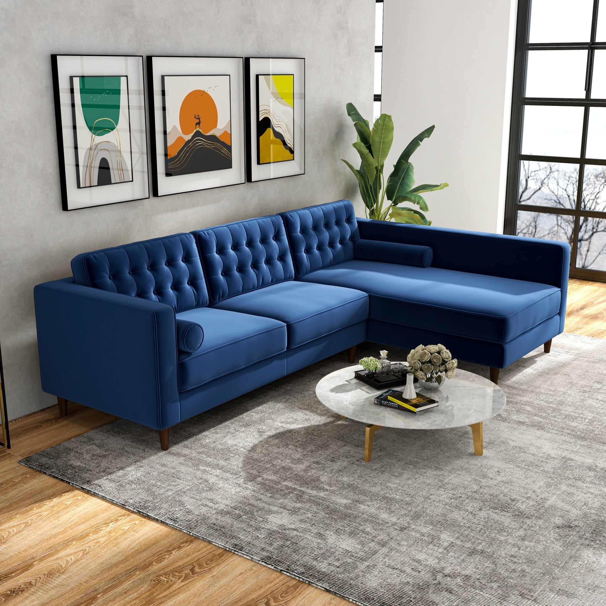 Olson Midnight Blue Velvet Sectional Sofa Right Chaise - MidinMod
