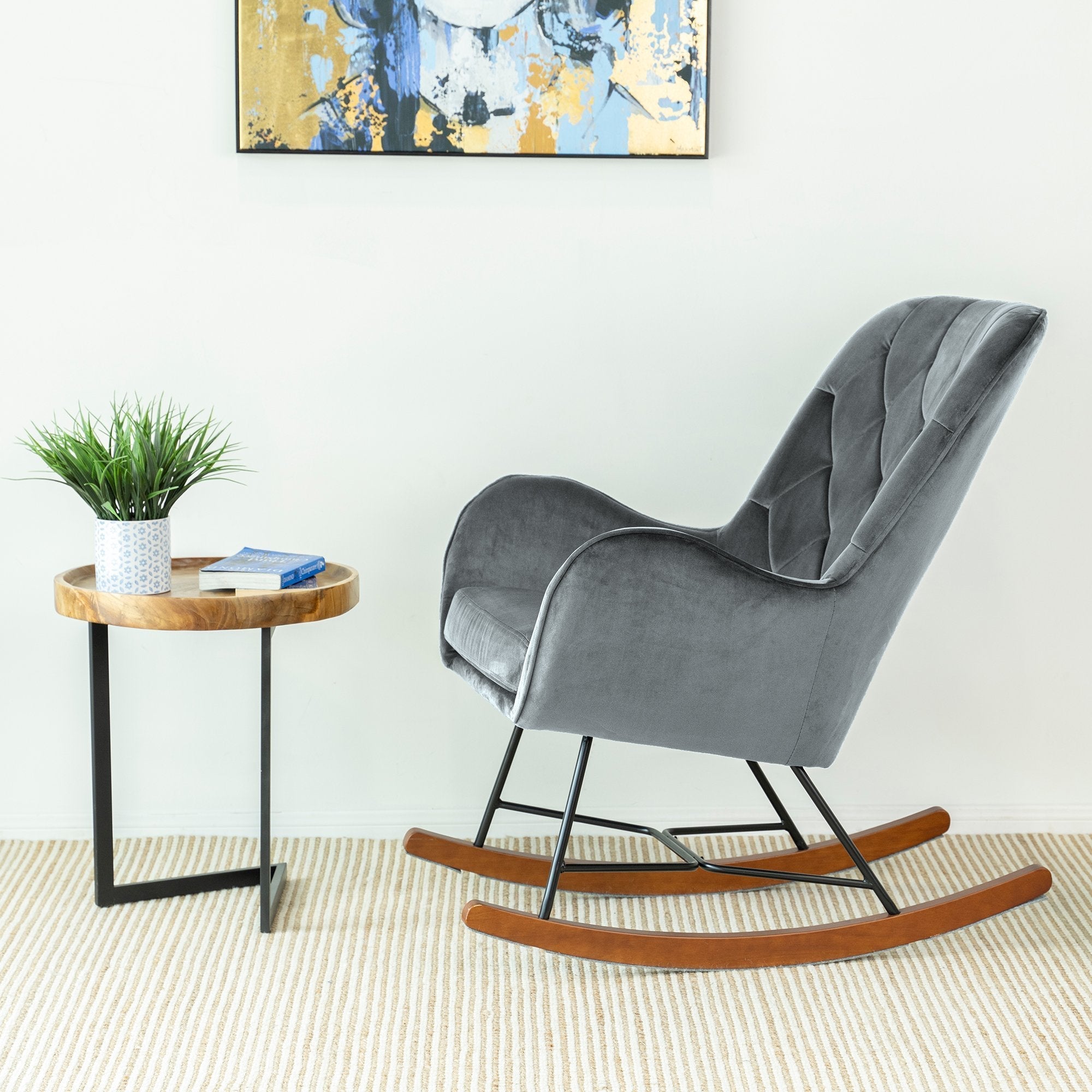 Sahara Gray Velvet Fabric Rocking Chair - MidinMod