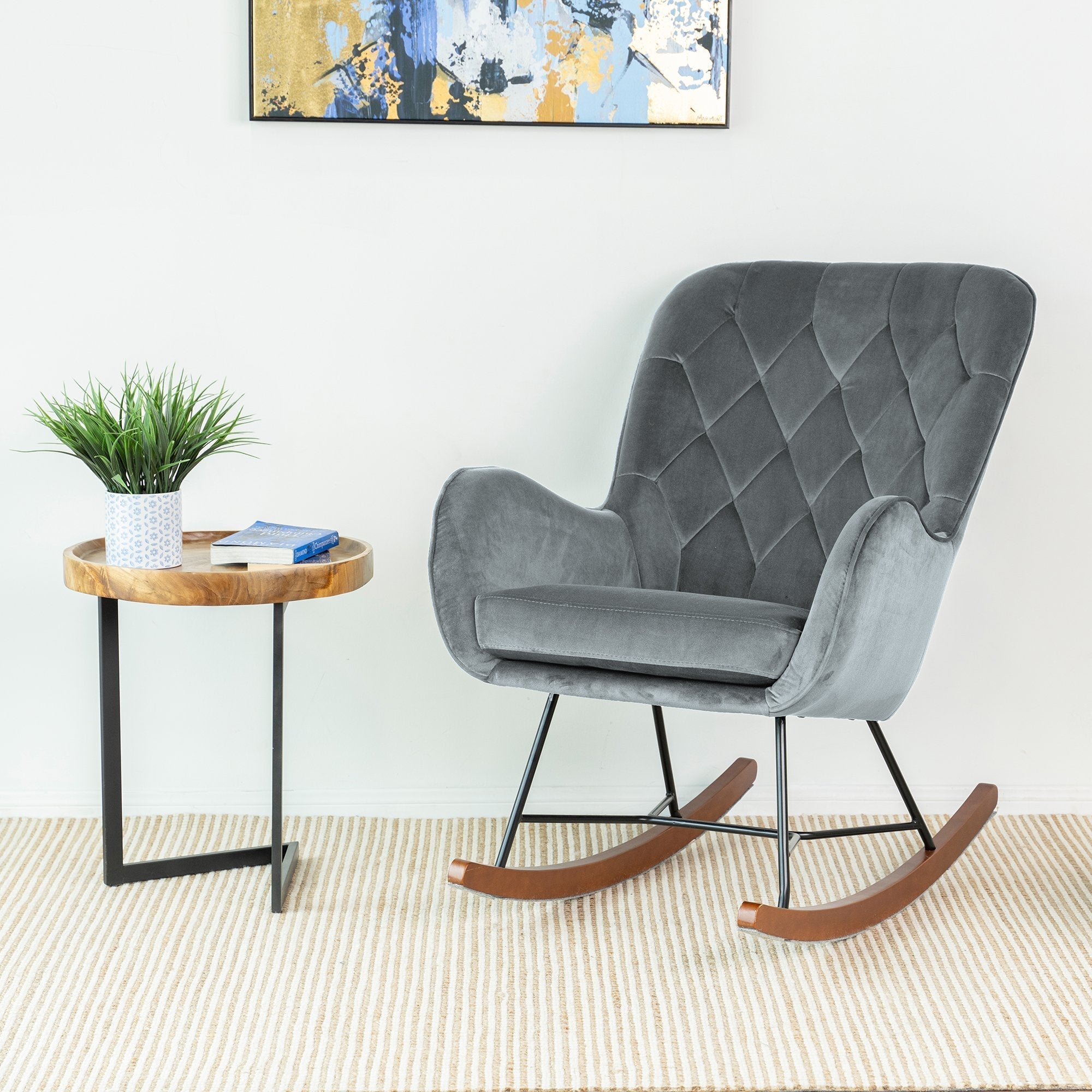 Sahara Gray Velvet Fabric Rocking Chair - MidinMod