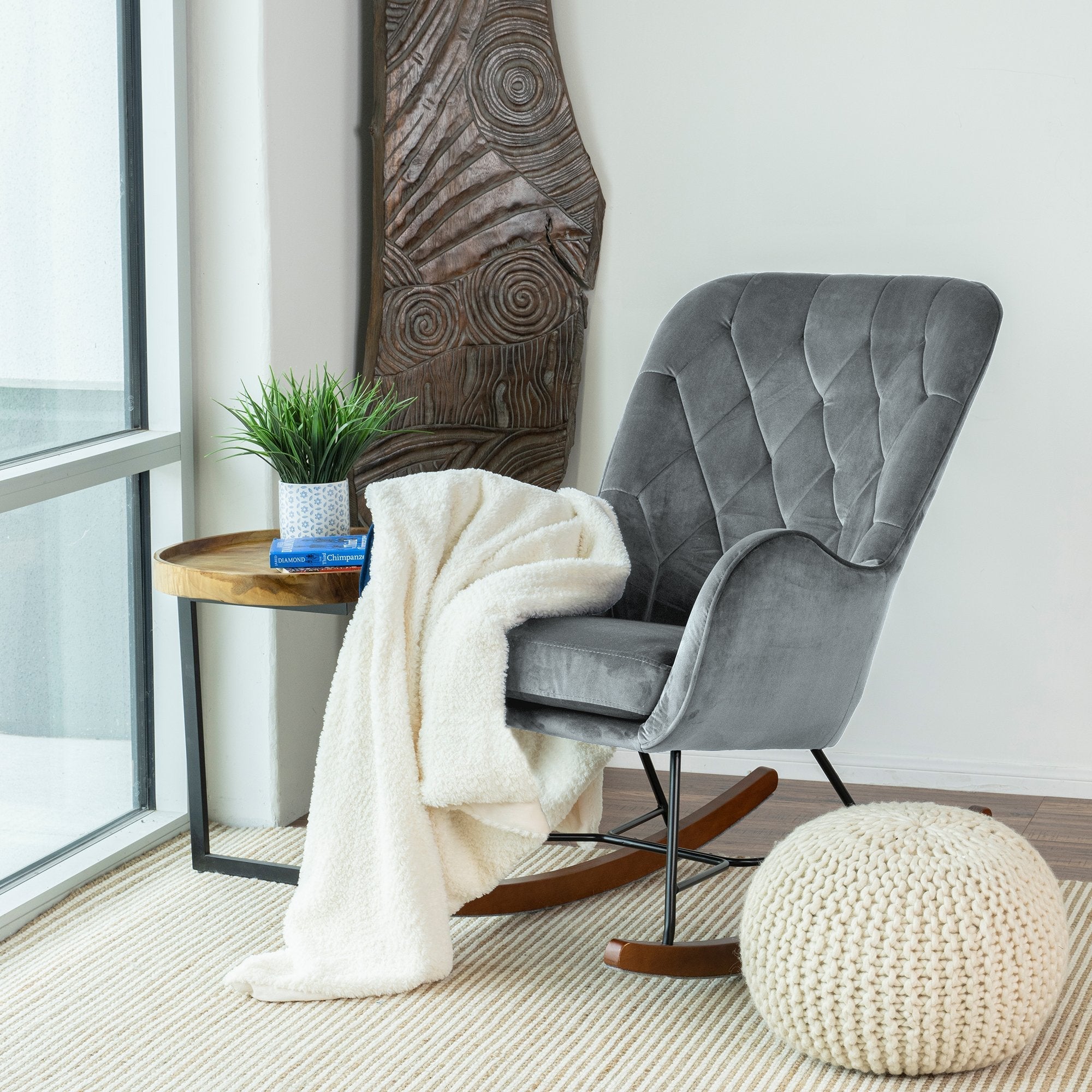 Sahara Gray Velvet Fabric Rocking Chair - MidinMod