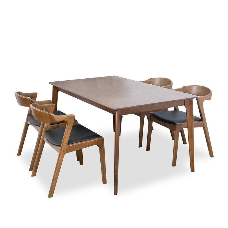 Selena (Walnut) Dining Set with 4 Reggie (Black Leather) Chairs | Mid ...