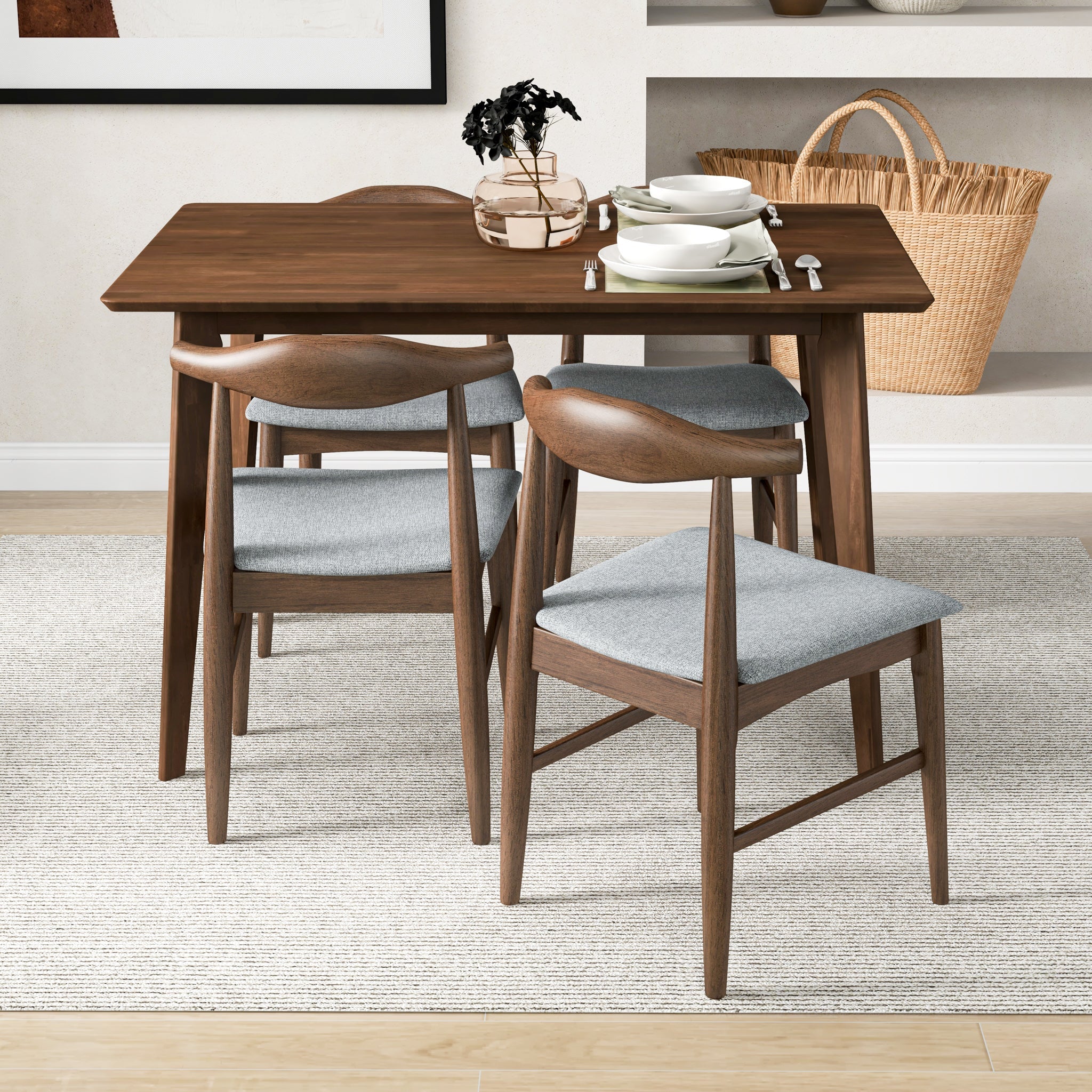 Dining Set Abbott Small Table Walnut with 4 Winston Gray Fabric