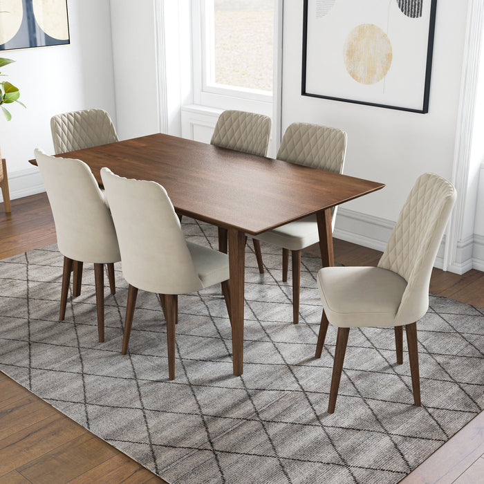 Adira Large Walnut Dining Set - 6 Evette Beige Velvet Chairs | MidinMod | TX | Best Furniture stores in Houston