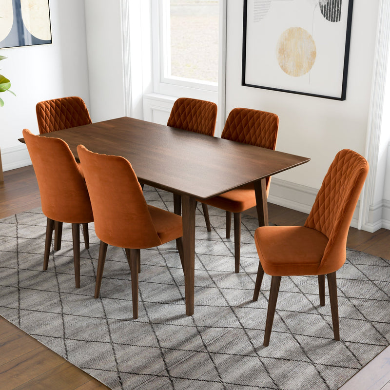 Adira Large Walnut Dining Set - 6 Evette Burnt Orange Velvet Chairs | MidinMod | TX | Best Furniture stores in Houston