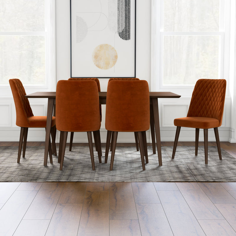 Adira Large Walnut Dining Set - 6 Evette Burnt Orange Velvet Chairs | MidinMod | TX | Best Furniture stores in Houston