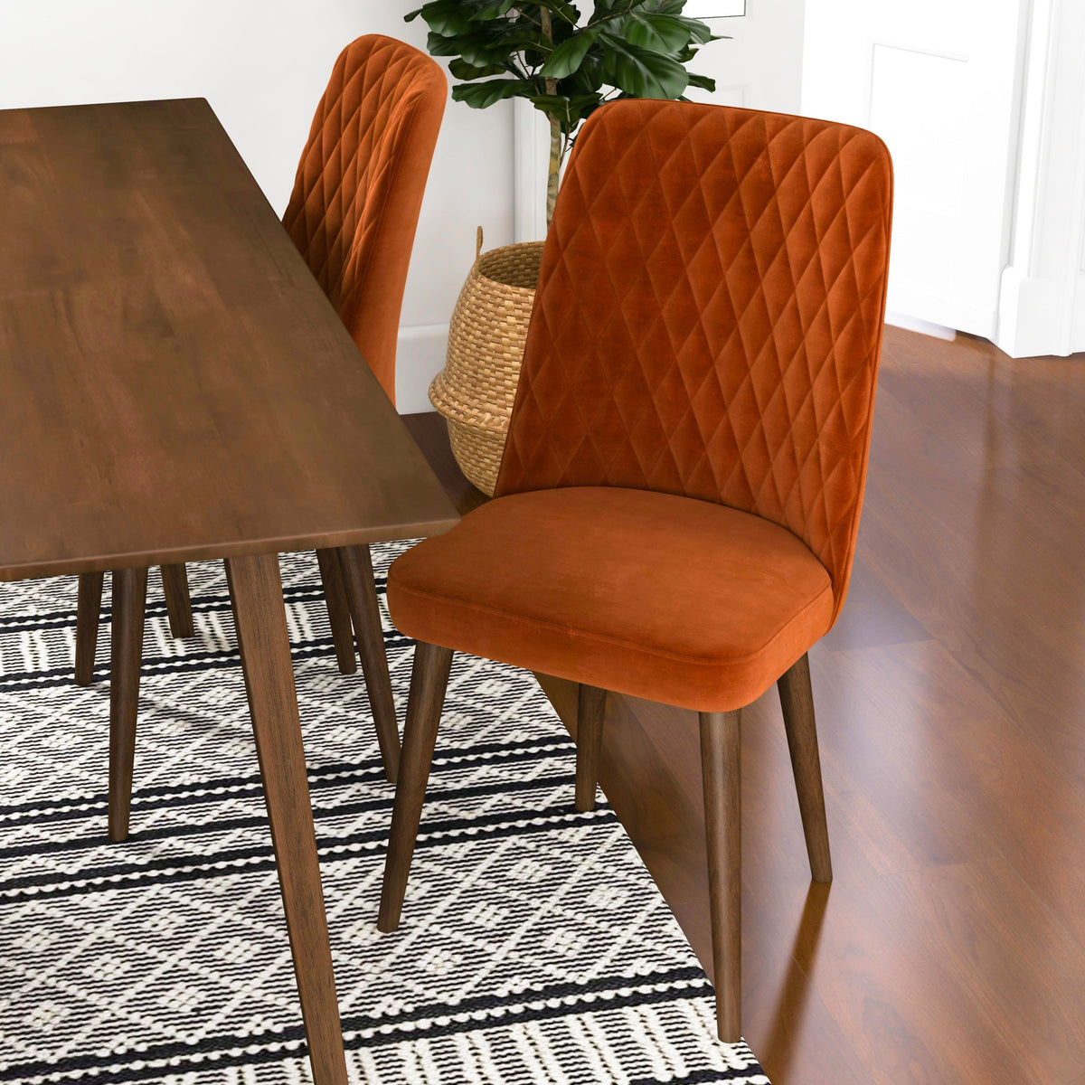 Adira Large Walnut Dining Set - 4 Evette Burnt Orange Chairs | MidinMod | TX | Best Furniture stores in Houston