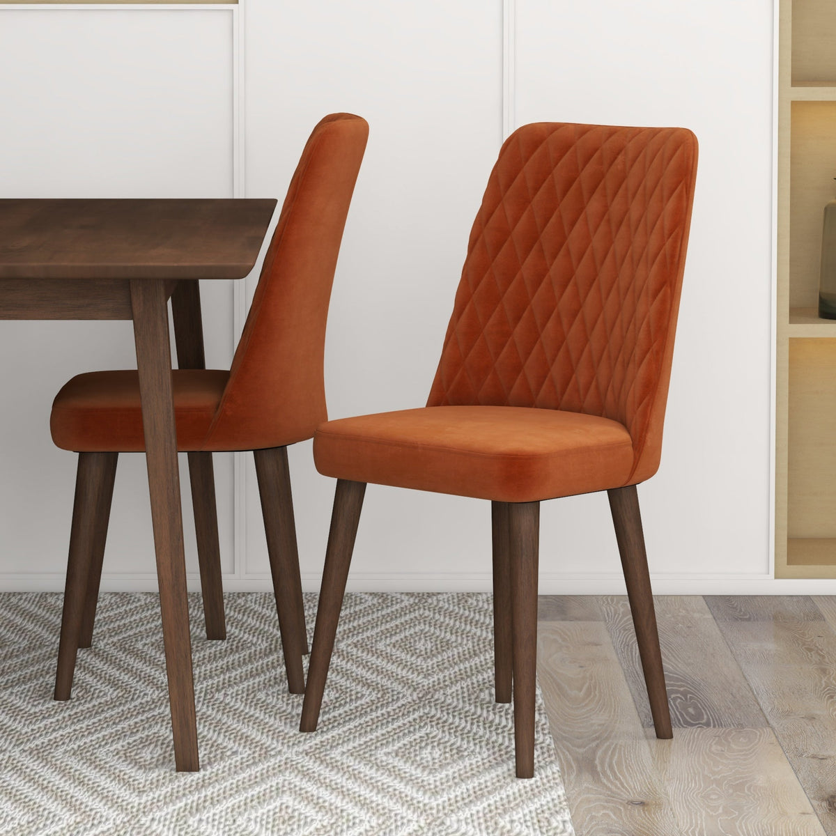 Adira Small Walnut Dining Set -  4 Evette Burnt Orange Velvet Chairs | MidinMod | TX | Best Furniture stores in Houston