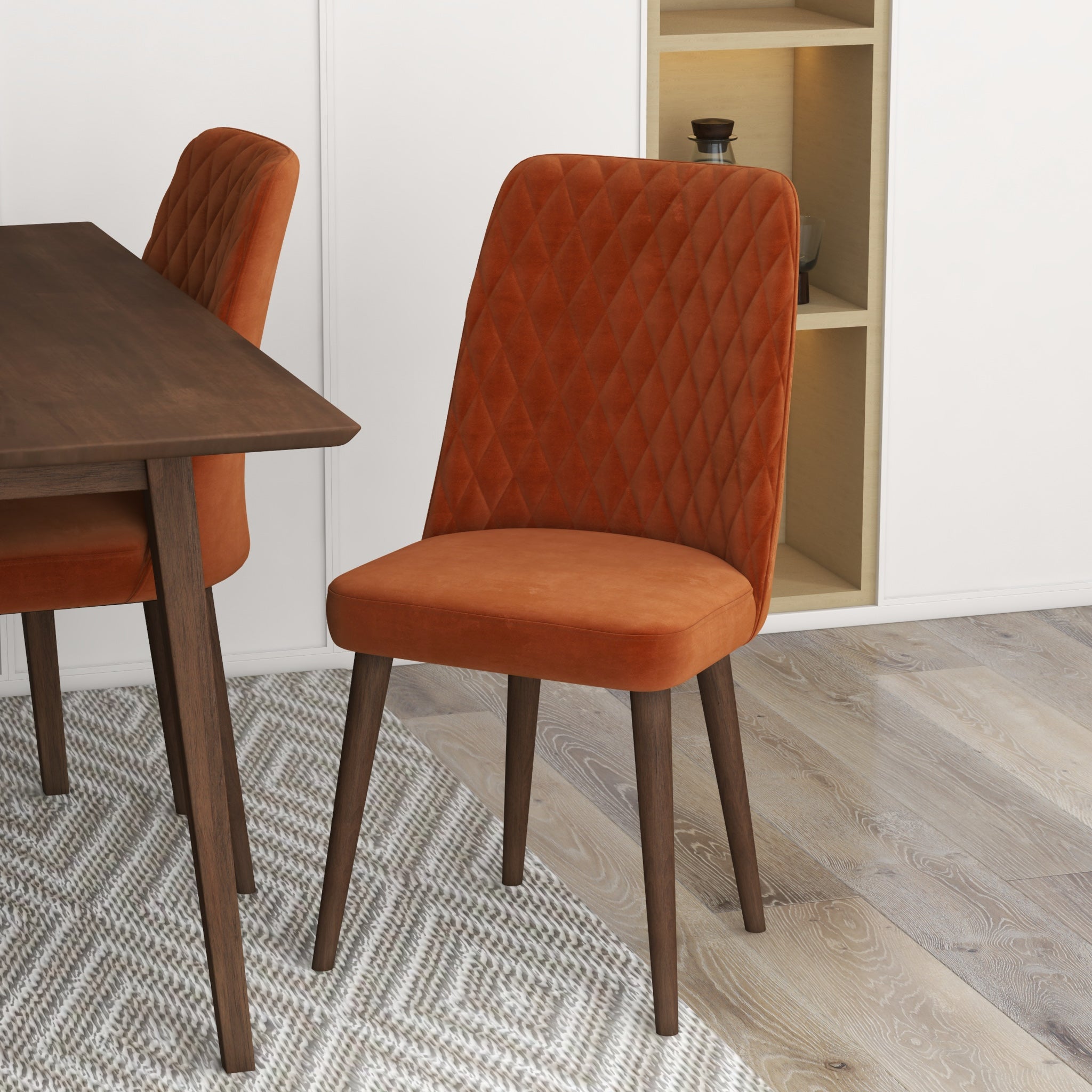 Adira Small Walnut Dining Set 4 Evette Burnt Orange Velvet