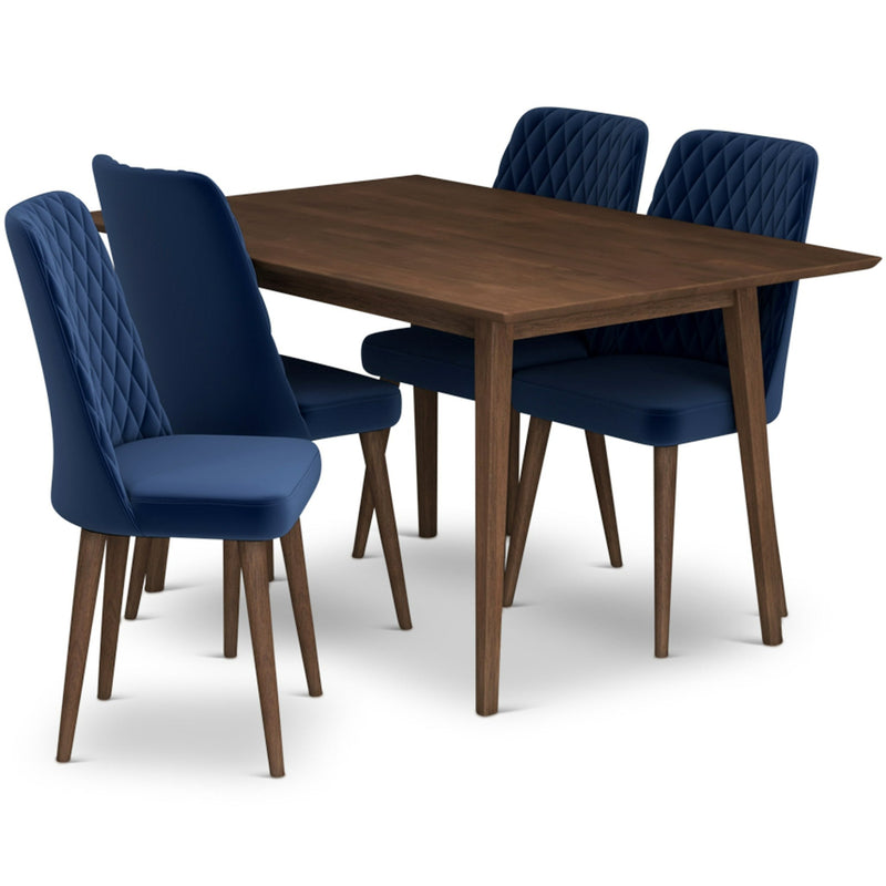 Adira Small Walnut Dining Set - 4 Evette Blue Velvet Chairs | MidinMod | TX | Best Furniture stores in Houston