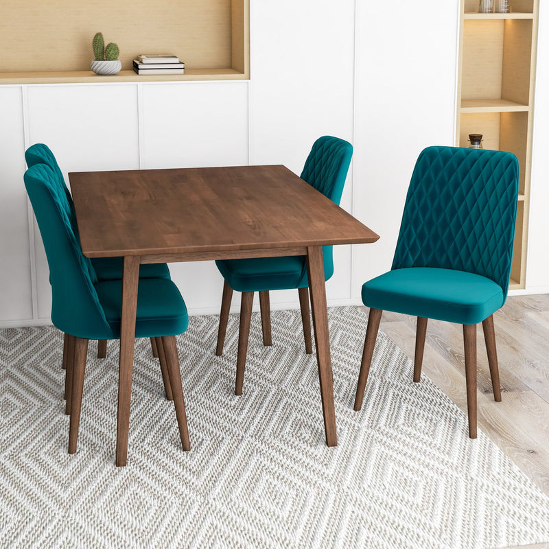 Adira Small Walnut Dining Set - 4 Evette Teal Velvet Chairs | MidinMod | TX | Best Furniture stores in Houston