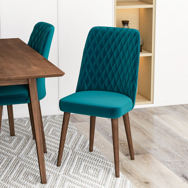 Adira Small Walnut Dining Set - 4 Evette Teal Velvet Chairs | MidinMod | TX | Best Furniture stores in Houston