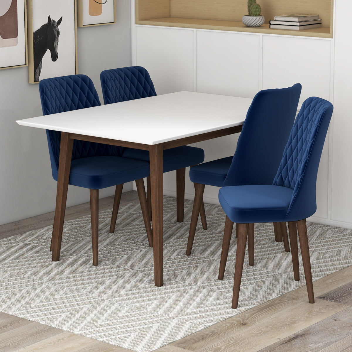Adira Small White Dining Set - 4 Evette Blue Velvet Chairs | MidinMod | TX | Best Furniture stores in Houston