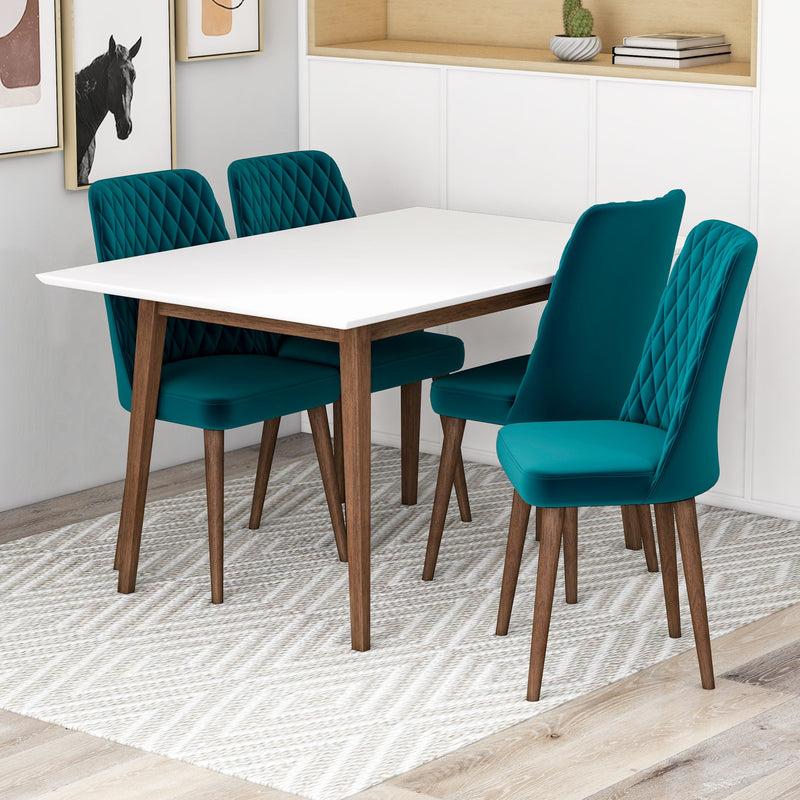 Adira (Small - White) Dining Set with 4 Evette (Teal Velvet) Dining Chairs | Mid in Mod | Houston TX | Best Furniture stores in Houston