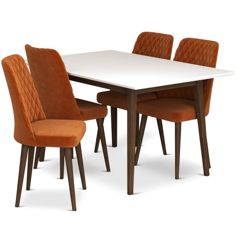 Adira Small White Dining Set - 4 Evette Burnt Orange Velvet Chairs | MidinMod | TX | Best Furniture stores in Houston