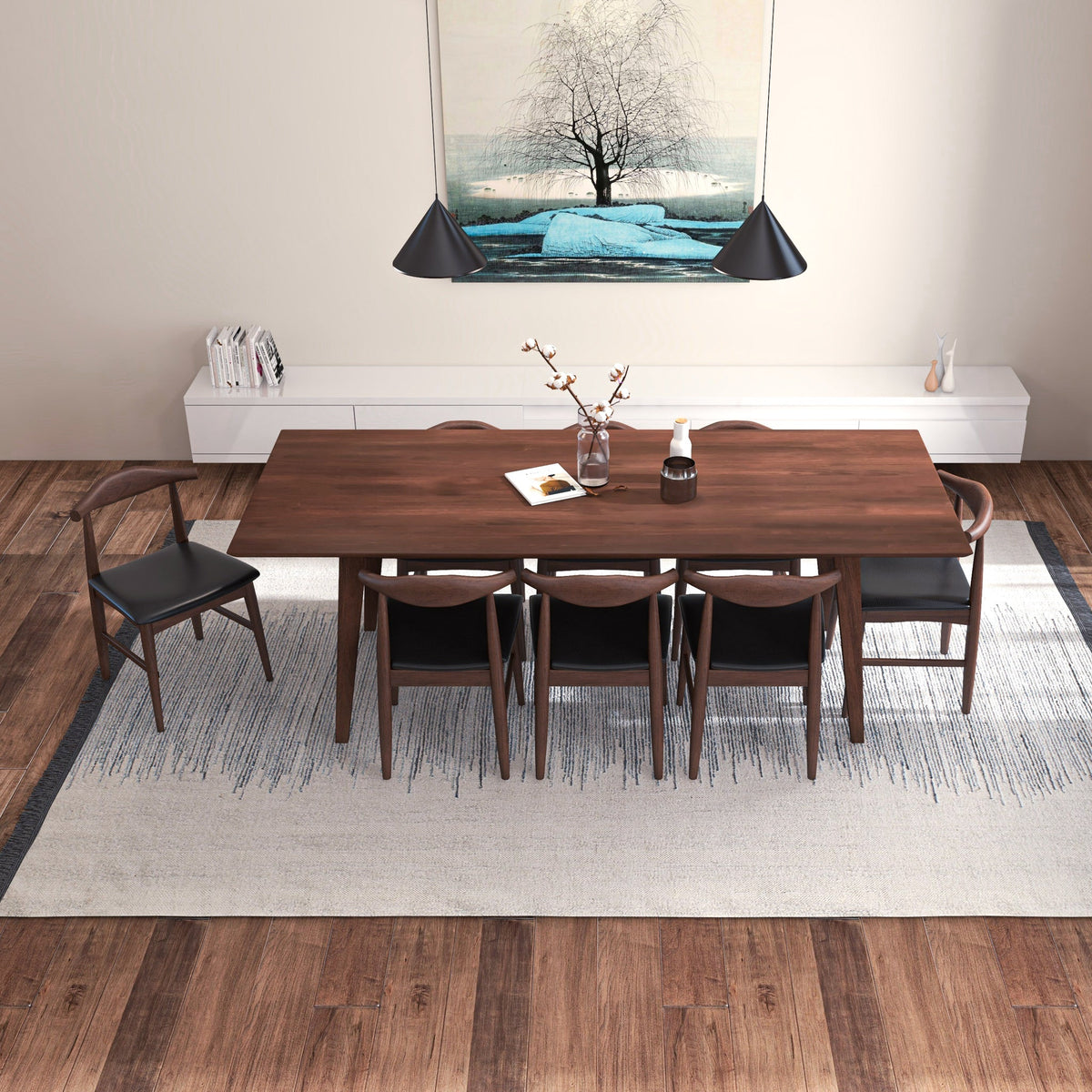 Adira XL Walnut Dining Set - 8 Winston Black Leather Chairs | MidinMod | TX | Best Furniture stores in Houston