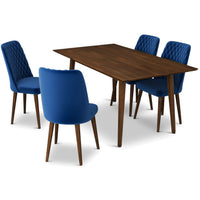 Alpine Large Walnut Dining Set - 4 Evette Blue Velvet Chairs | MidinMod | TX | Best Furniture stores in Houston