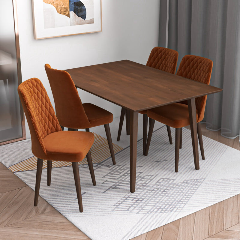 Alpine Small Walnut Dining Set - 4 Evette Orange Velvet Chairs | MidinMod | TX | Best Furniture stores in Houston