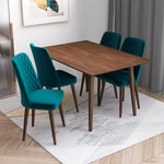 Alpine (Small - Walnut) Dining Set with 4 Evette (Teal Velvet) Dining Chairs | Mid in Mod | Houston TX | Best Furniture stores in Houston