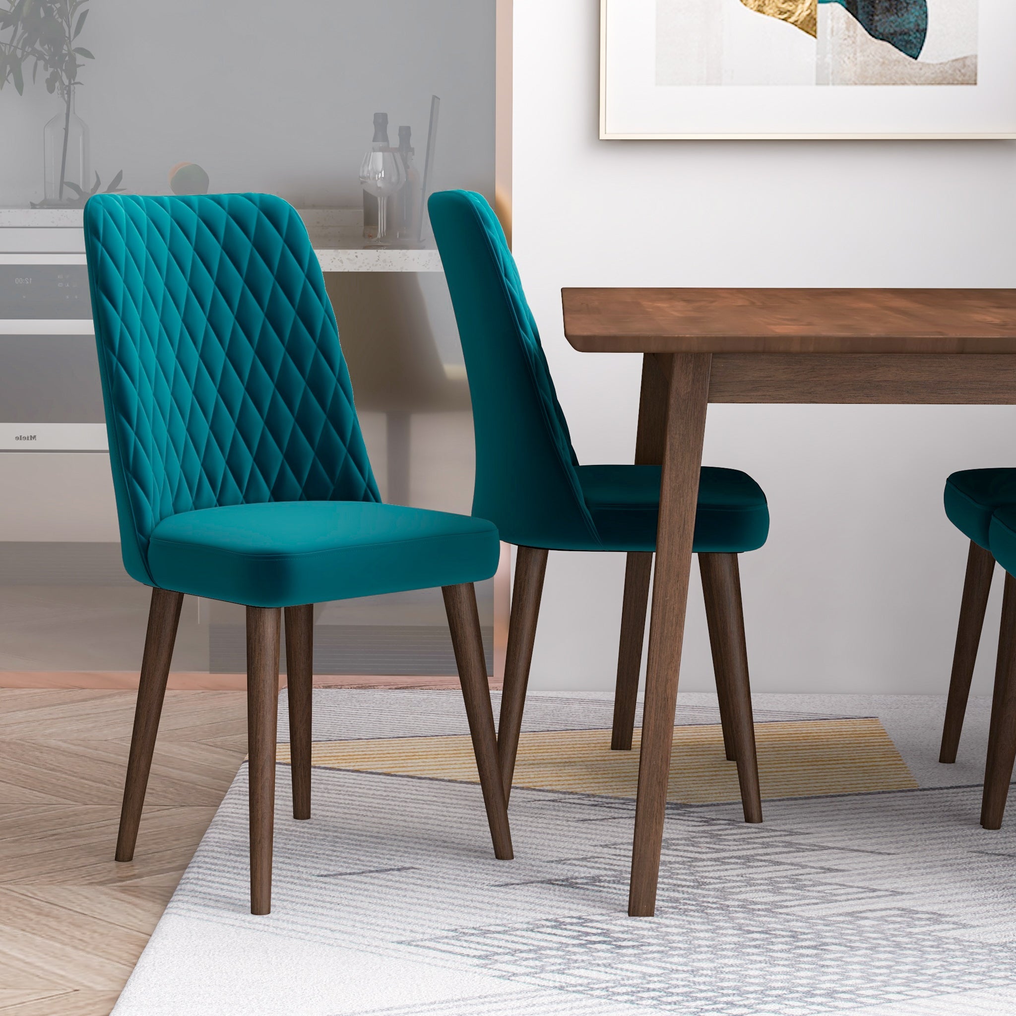 Alpine Small Walnut Dining Set with 4 Evette Teal Velvet Dining Chairs