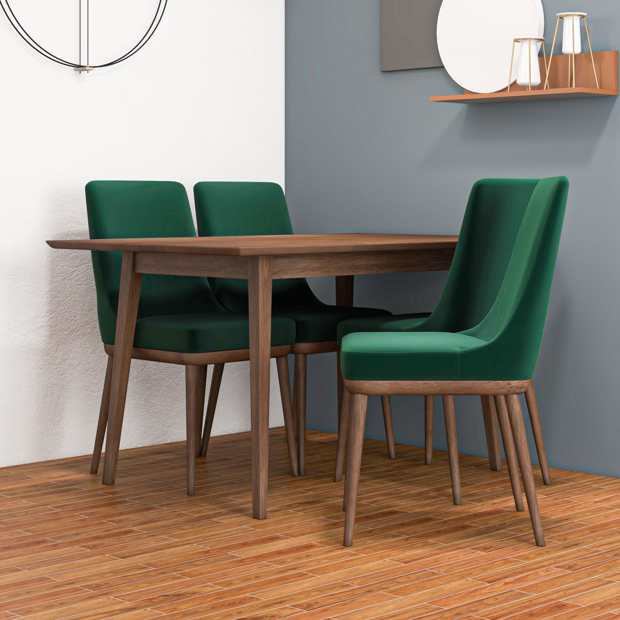 Adira Small Walnut Dining Set with 4 Brighton Green Velvet Dining Chairs