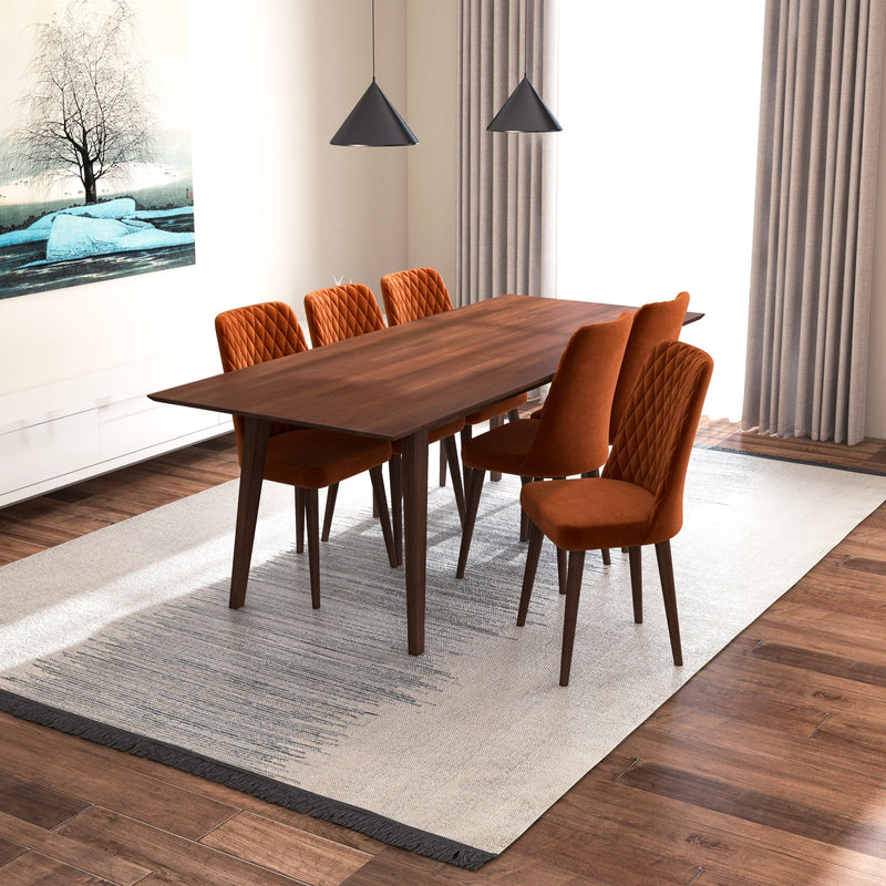 Adira XL Walnut Dining Set - 6 Evette Burnt Orange Velvet Chairs | MidinMod | TX | Best Furniture stores in Houston