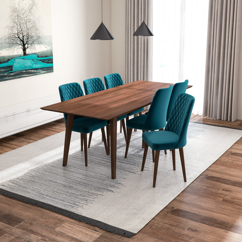 Adira (XLarge - Walnut) Dining Set with 6 Evette (Teal Velvet) Dining Chairs - MidinMod Houston Tx Mid Century Furniture Store - Dining Tables 2