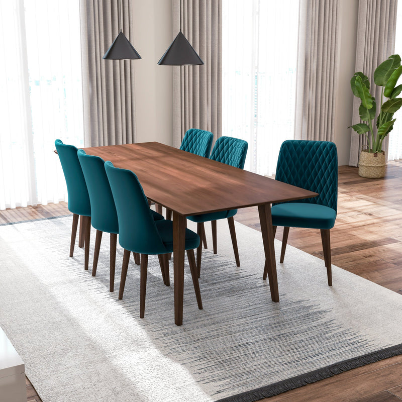 Adira (XLarge - Walnut) Dining Set with 6 Evette (Teal Velvet) Dining Chairs - MidinMod Houston Tx Mid Century Furniture Store - Dining Tables 4