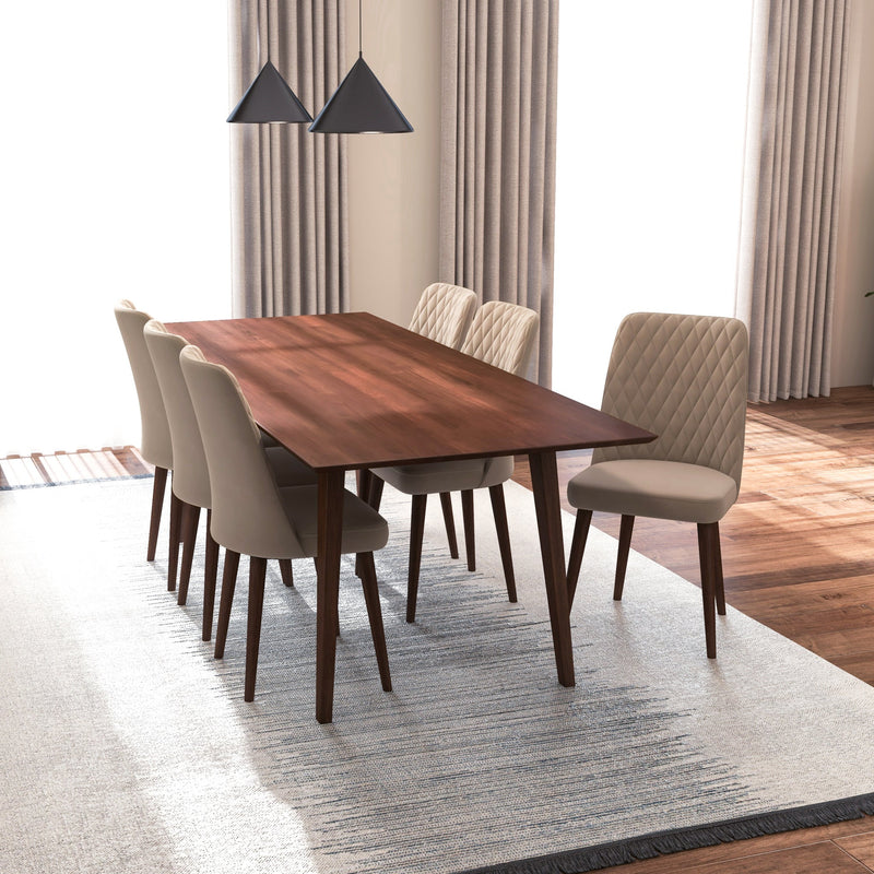 Adira XL Walnut Dining Set 6 Evette Beige Velvet Chairs MidinMod TX