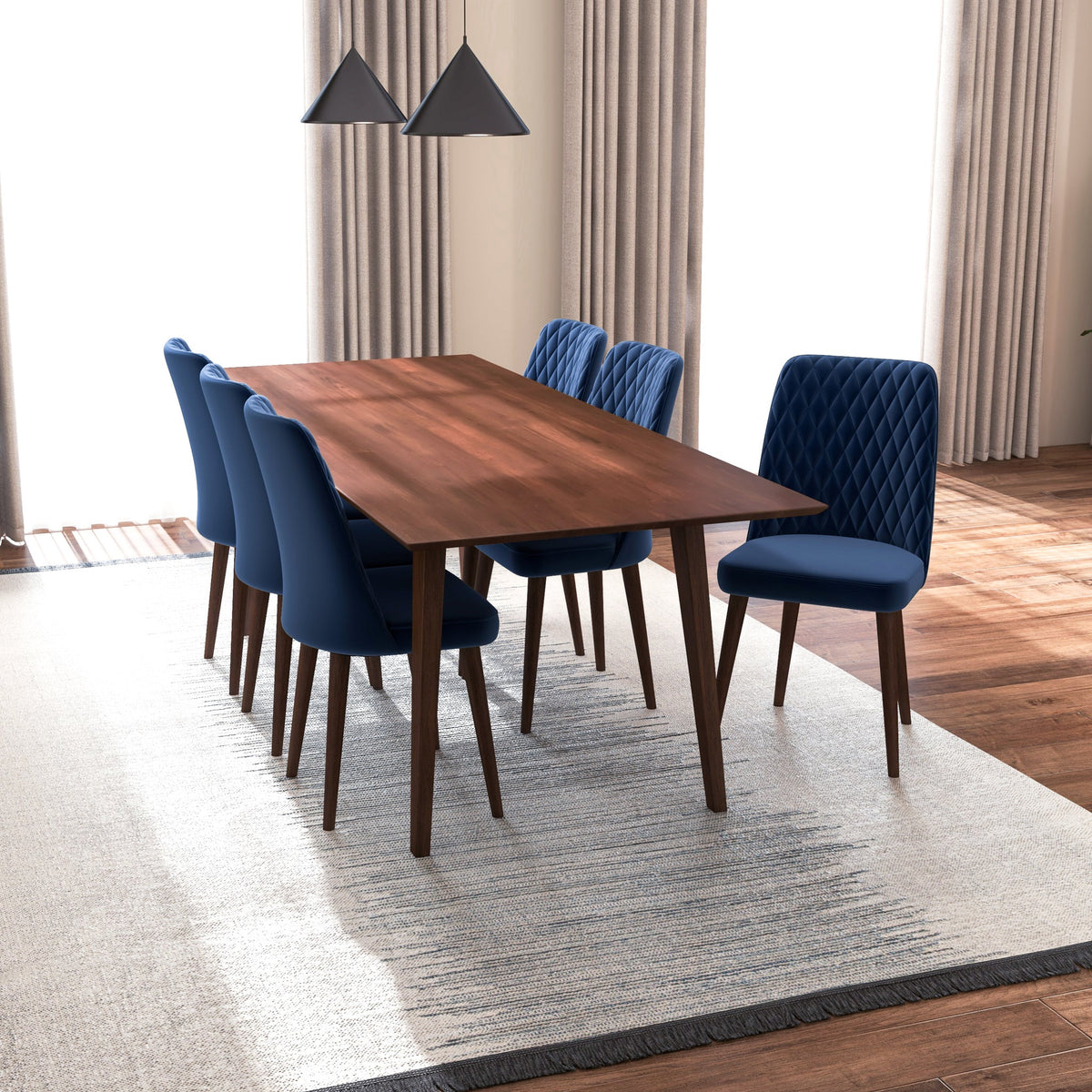 Adira XLarge Walnut Dining Set | 6 Evette Blue Velvet Dining Chairs | Mid in Mod | Houston TX | Best Furniture stores in Houston