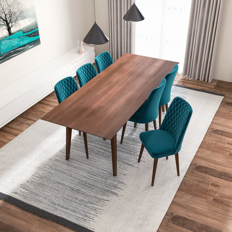 Adira (XLarge - Walnut) Dining Set with 6 Evette (Teal Velvet) Dining Chairs - MidinMod Houston Tx Mid Century Furniture Store - Dining Tables 5
