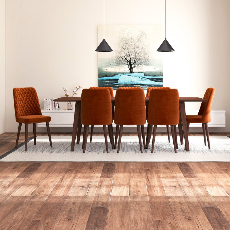 Adira XL Walnut Dining Set - 8 Evette Burnt Orange Velvet Chairs | MidinMod | TX | Best Furniture stores in Houston