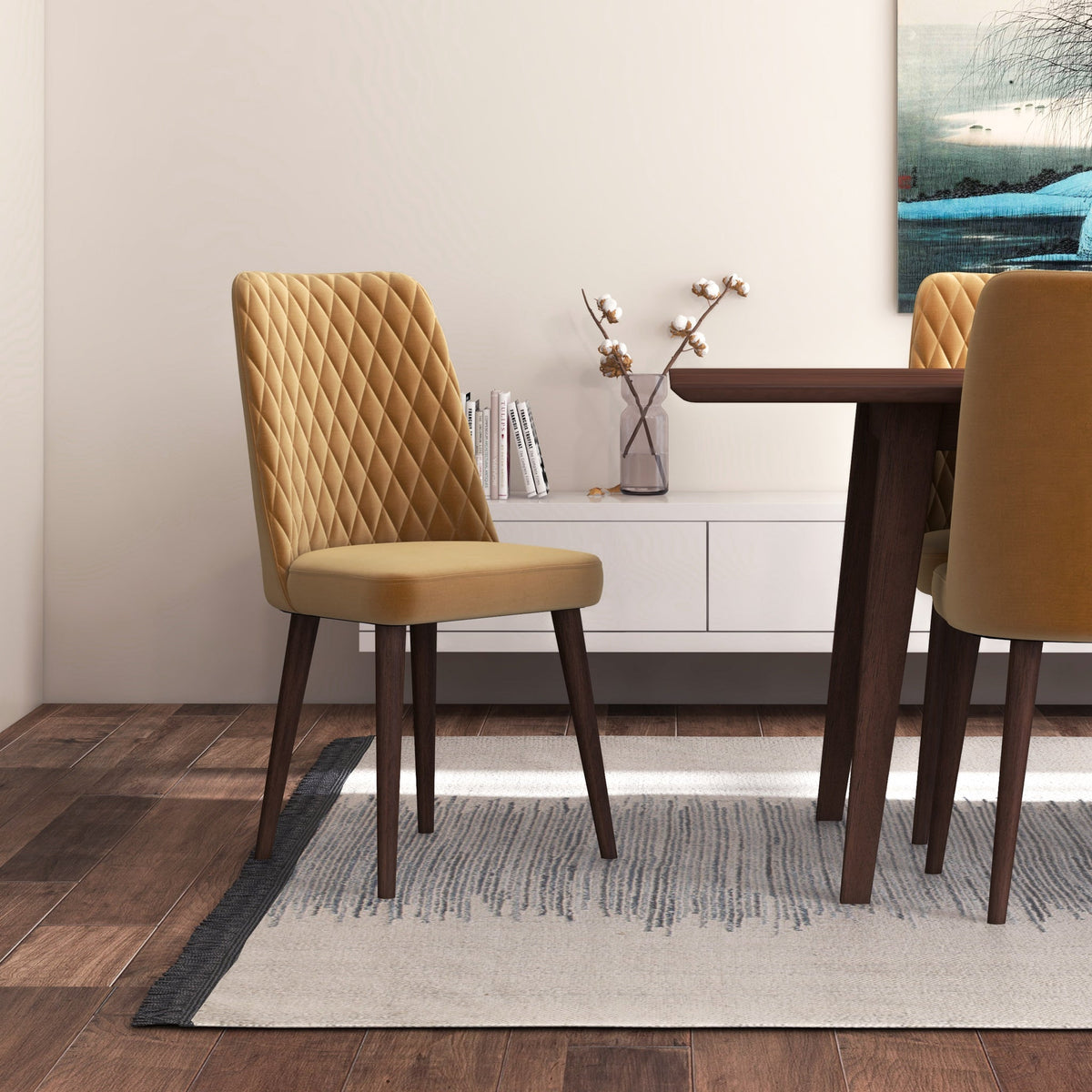 Adira XL Walnut Dining Set - 8 Evette Gold Velvet Chairs | MidinMod | TX | Best Furniture stores in Houston