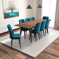 Adira (XLarge - Walnut) Dining Set with 8 Evette (Teal Velvet) Dining Chairs - MidinMod Houston Tx Mid Century Furniture Store - Dining Tables 2