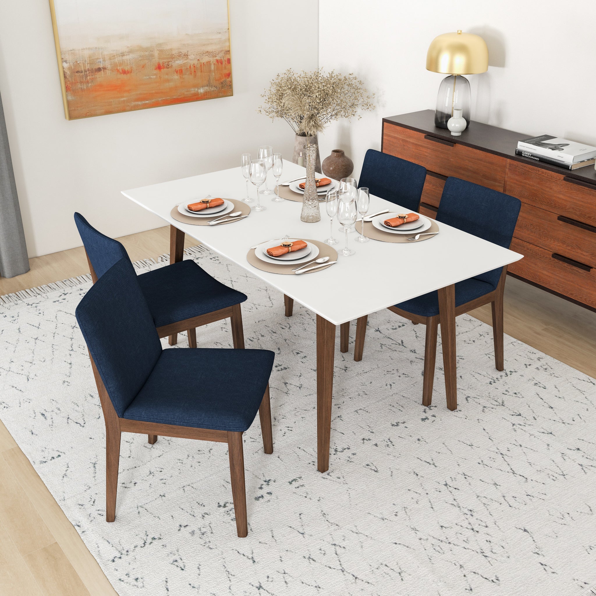 White dining table with blue 2024 chairs