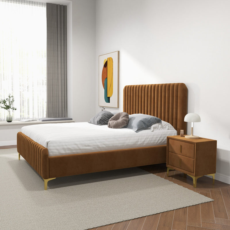 Angela Queen Size Cognac Velvet Platform Bed  | MidinMod | Houston TX | Best Furniture stores in Houston