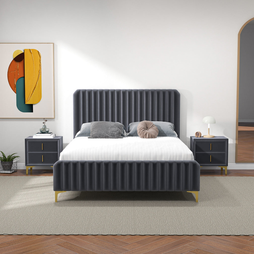 Angela Queen Size Grey Velvet Platform Bed  | MidinMod | Houston TX | Best Furniture stores in Houston