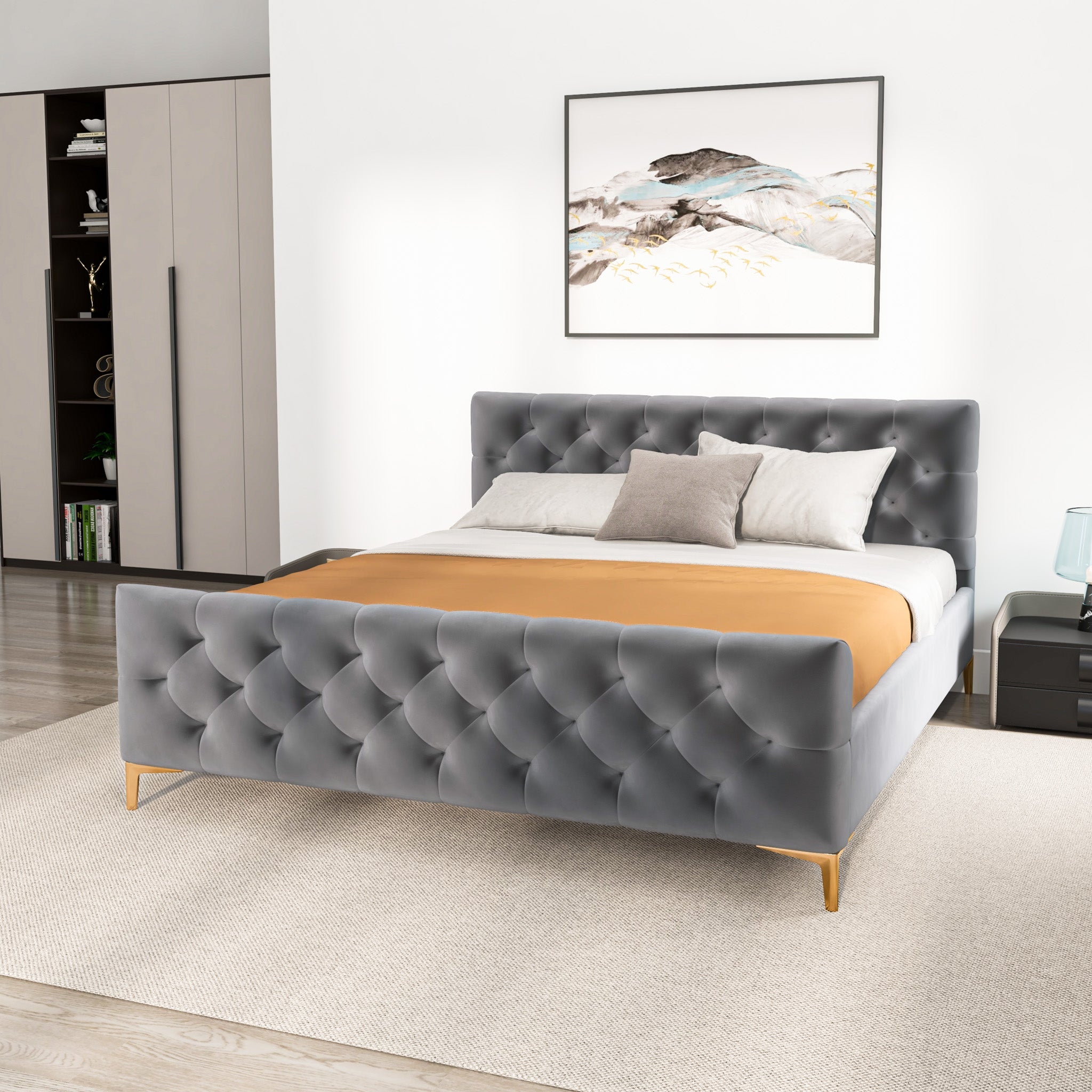 Beverly King Dark Grey Velvet Platform Bed - MidinMod
