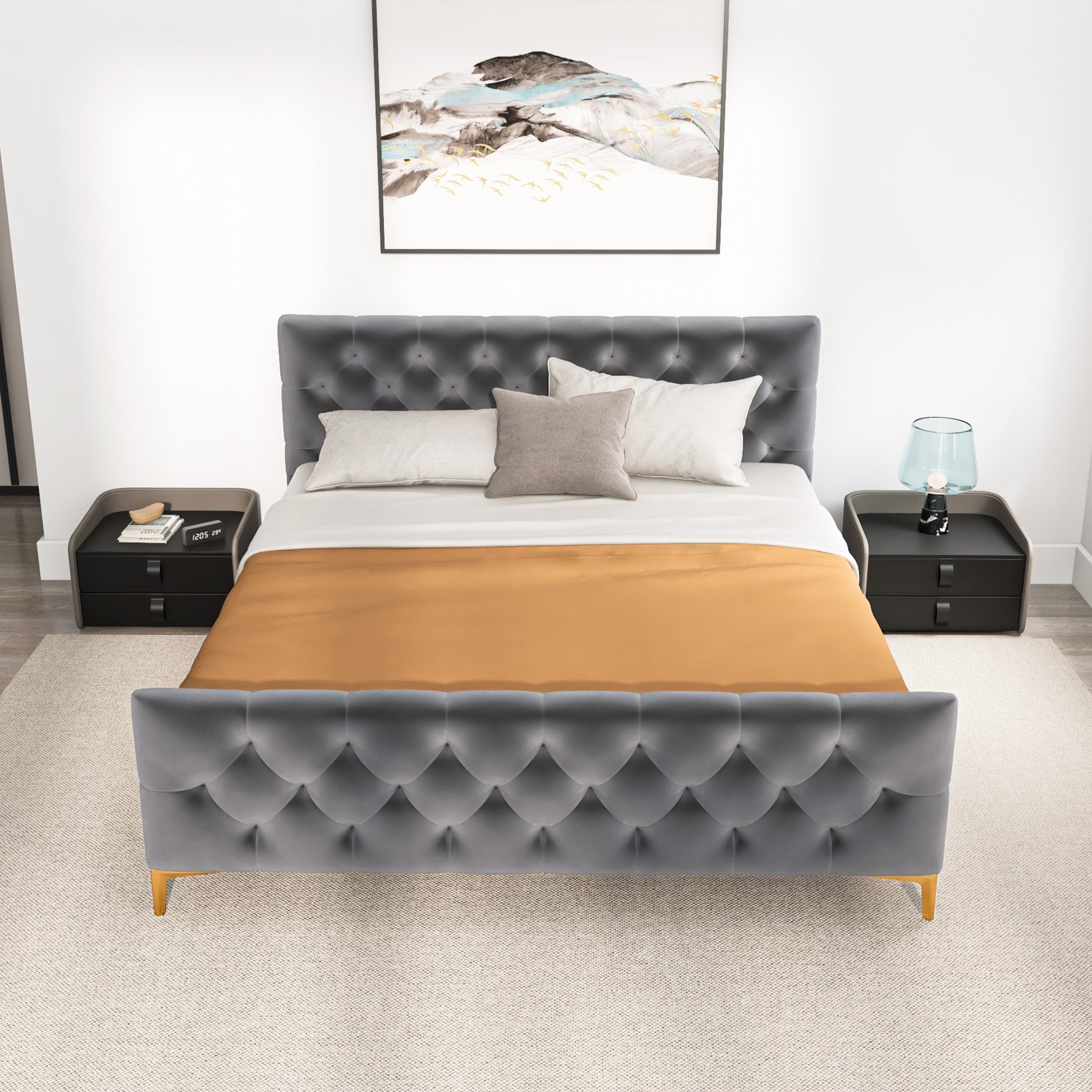 Beverly King Dark Grey Velvet Platform Bed - MidinMod