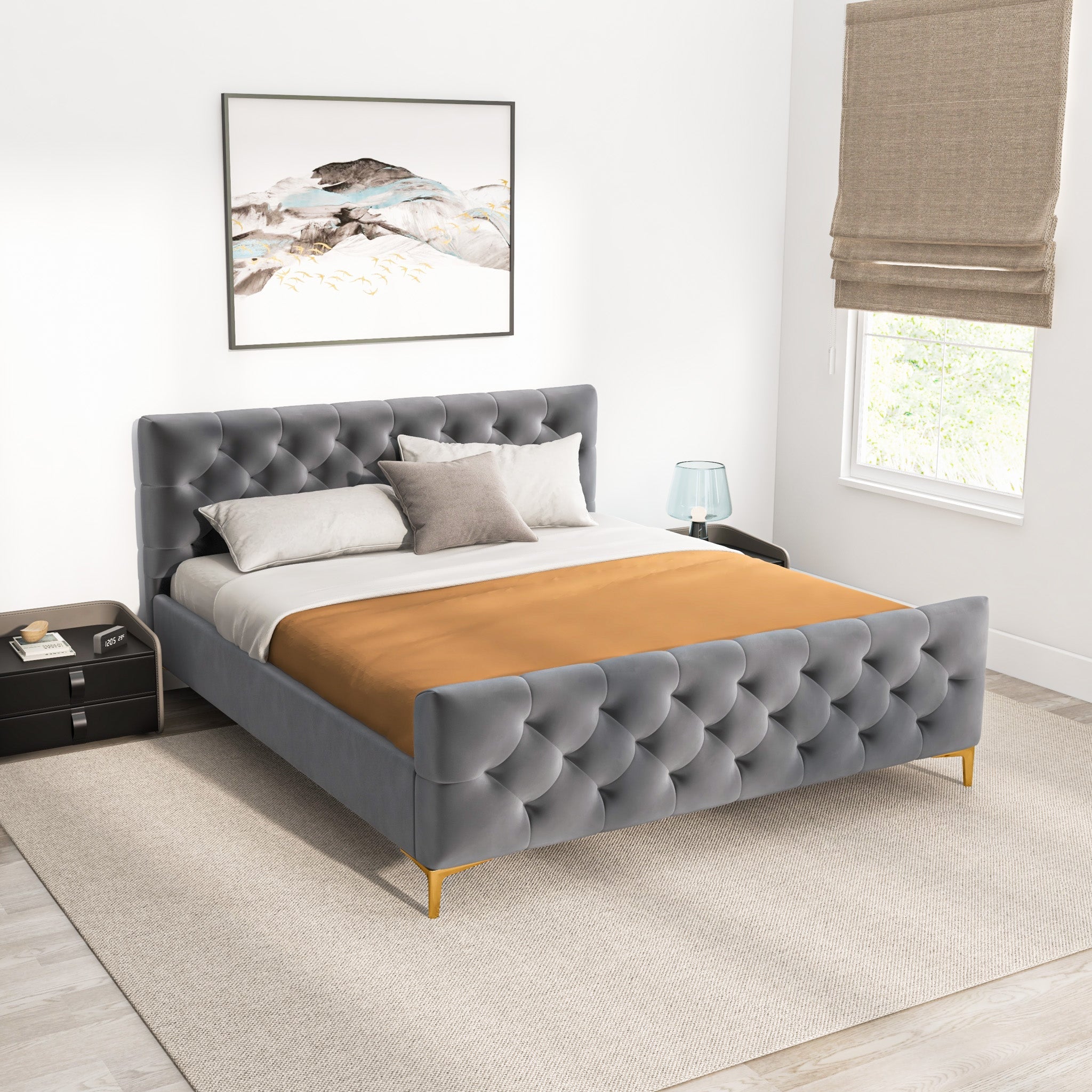 Beverly King Dark Grey Velvet Platform Bed - MidinMod