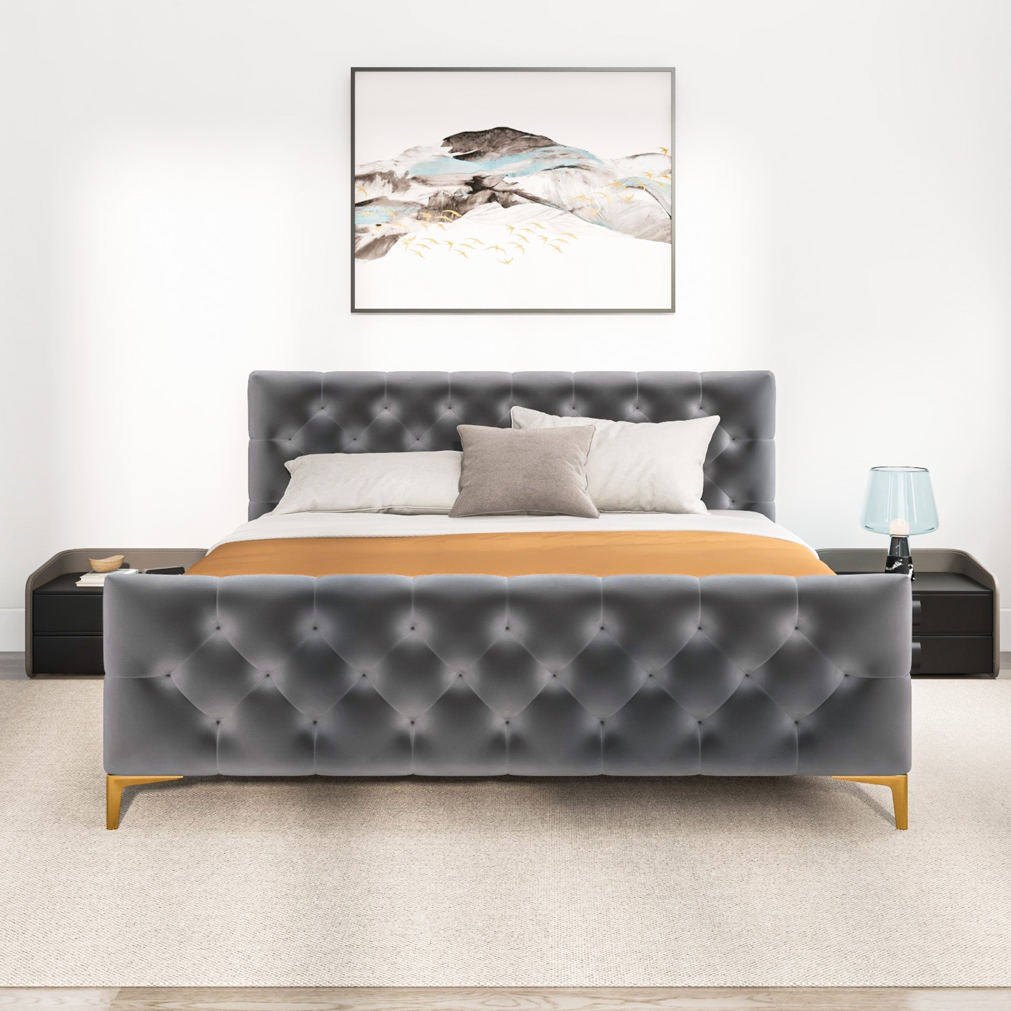Beverly King Dark Grey Velvet Platform Bed - MidinMod