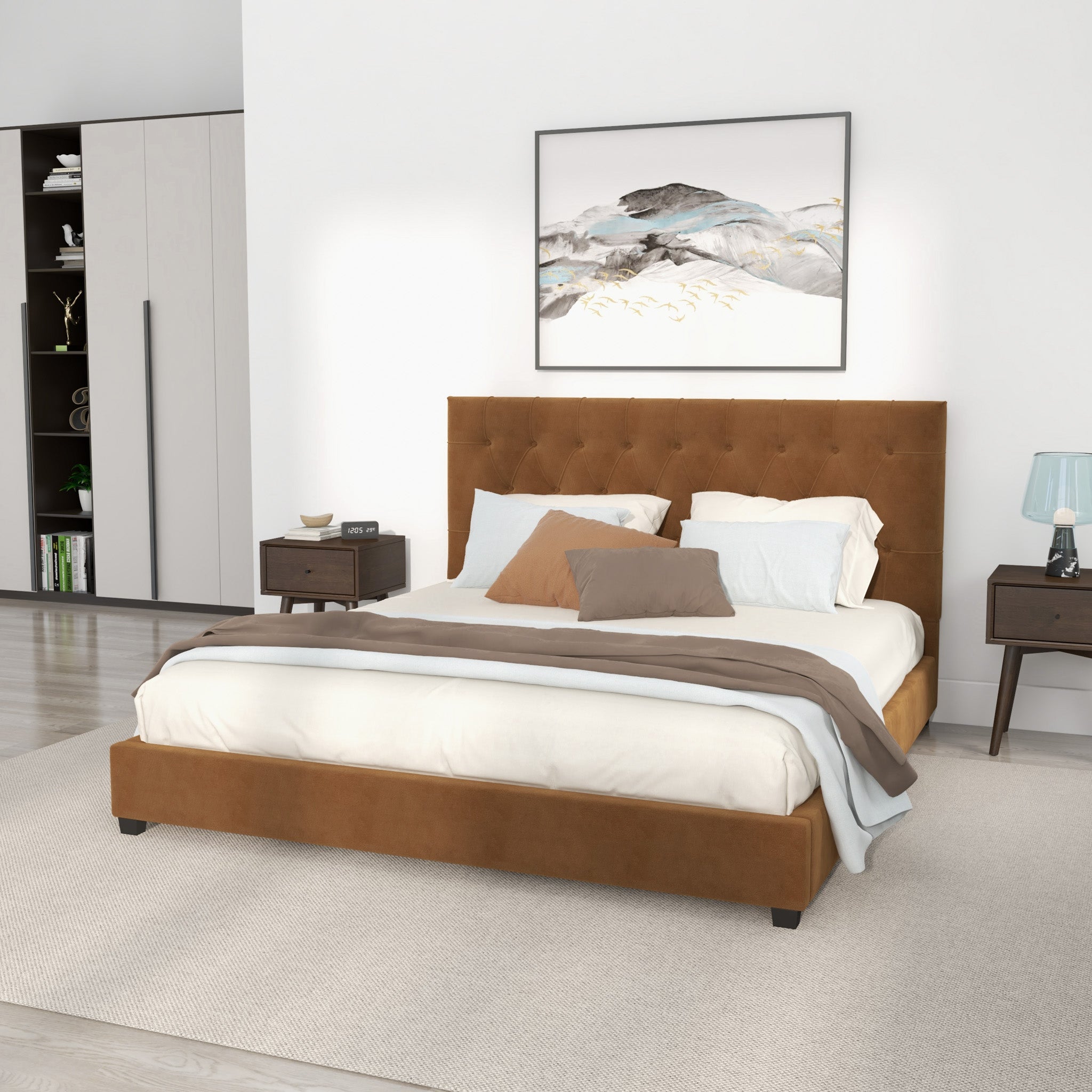 Eldridge King Cognac Velvet Platform Bed - MidinMod